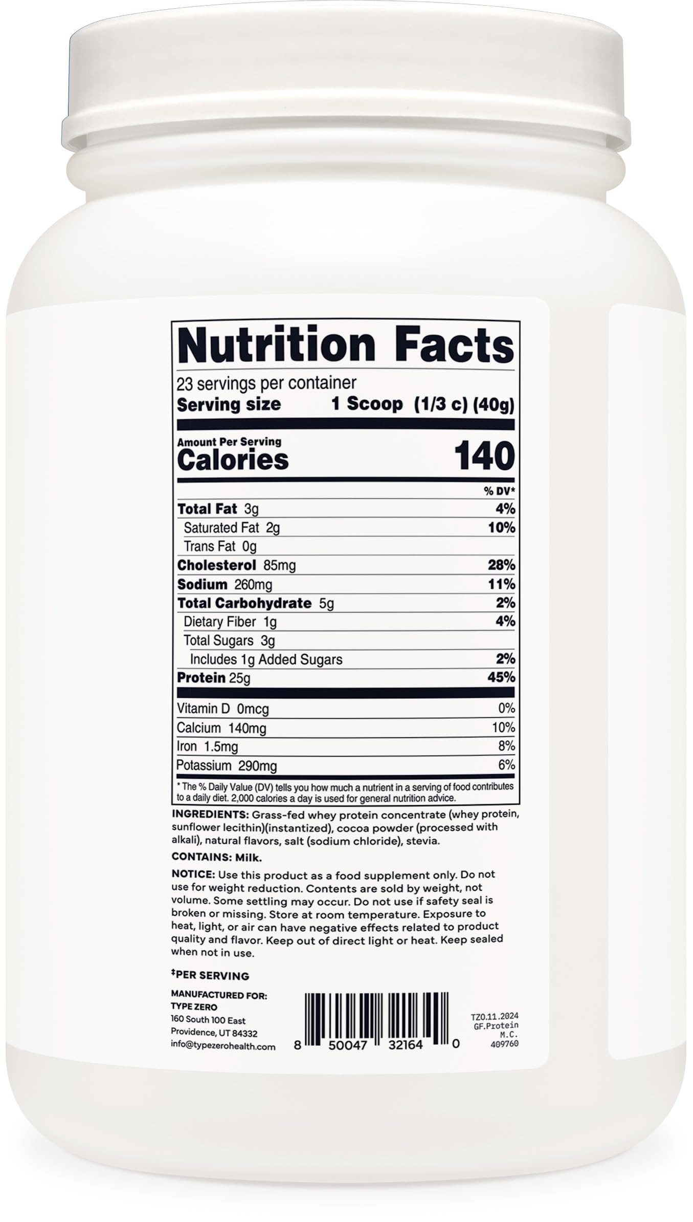 Type Zero whey protein nutrition label highlights gluten-free, NSF-certified quality.