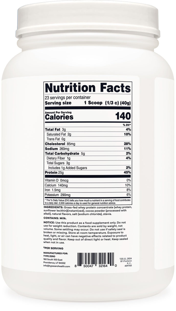 Type Zero whey protein nutrition label highlights gluten-free, NSF-certified quality.
