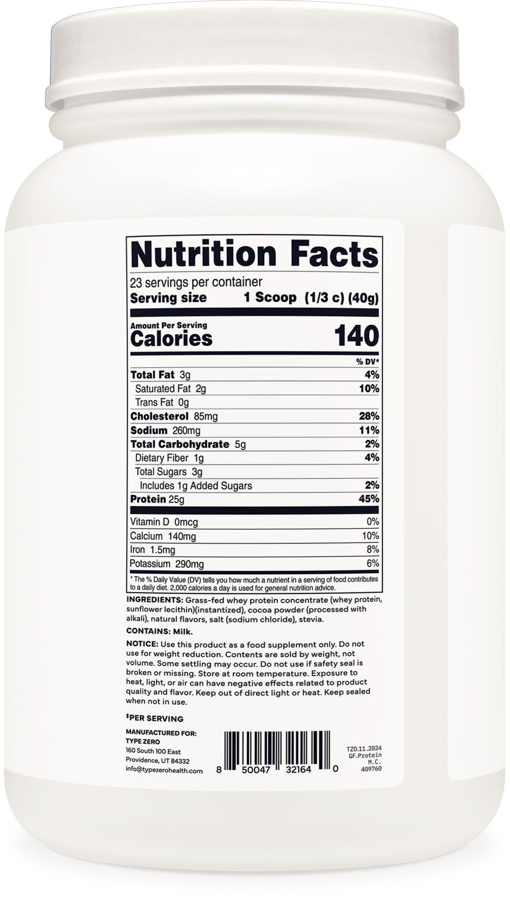 Type Zero whey protein nutrition label highlights gluten-free, NSF-certified quality.