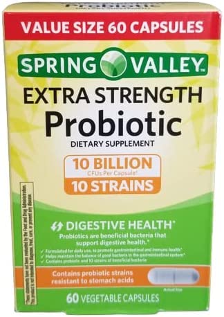 TYU 60 Spring Valley probiotic bottle closeup highlighting multi-strain formula for digestive and immune support.