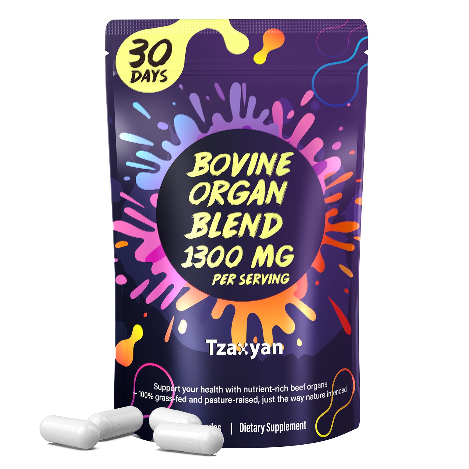 tzaxyan 1300mg beef organ supplement bottle showing grass-fed organ nutrition for women's wellness