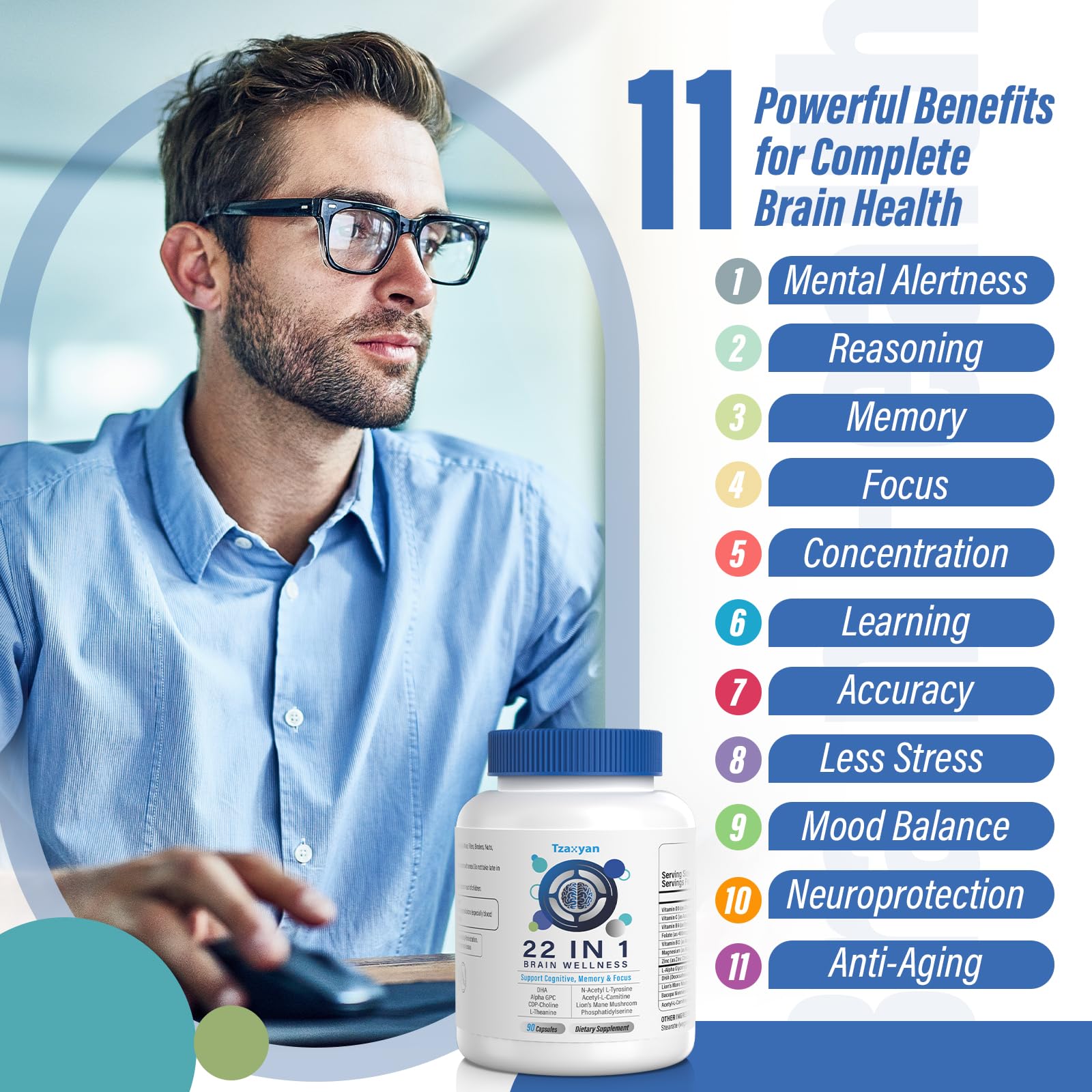 tzaxyan brain supplement alpha-gpc cdp-choline capsules close-up for learning and recall.