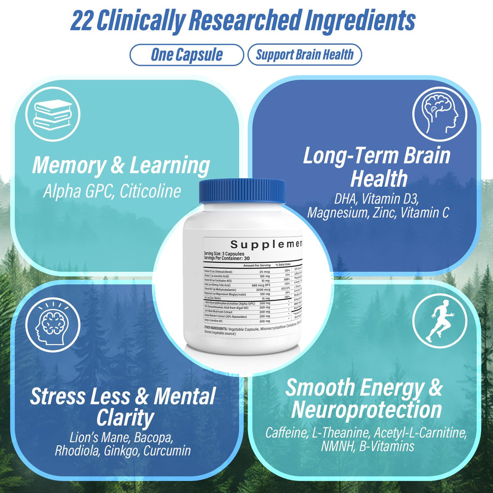 tzaxyan brain supplement bottle with natural ingredients arranged for wellness.