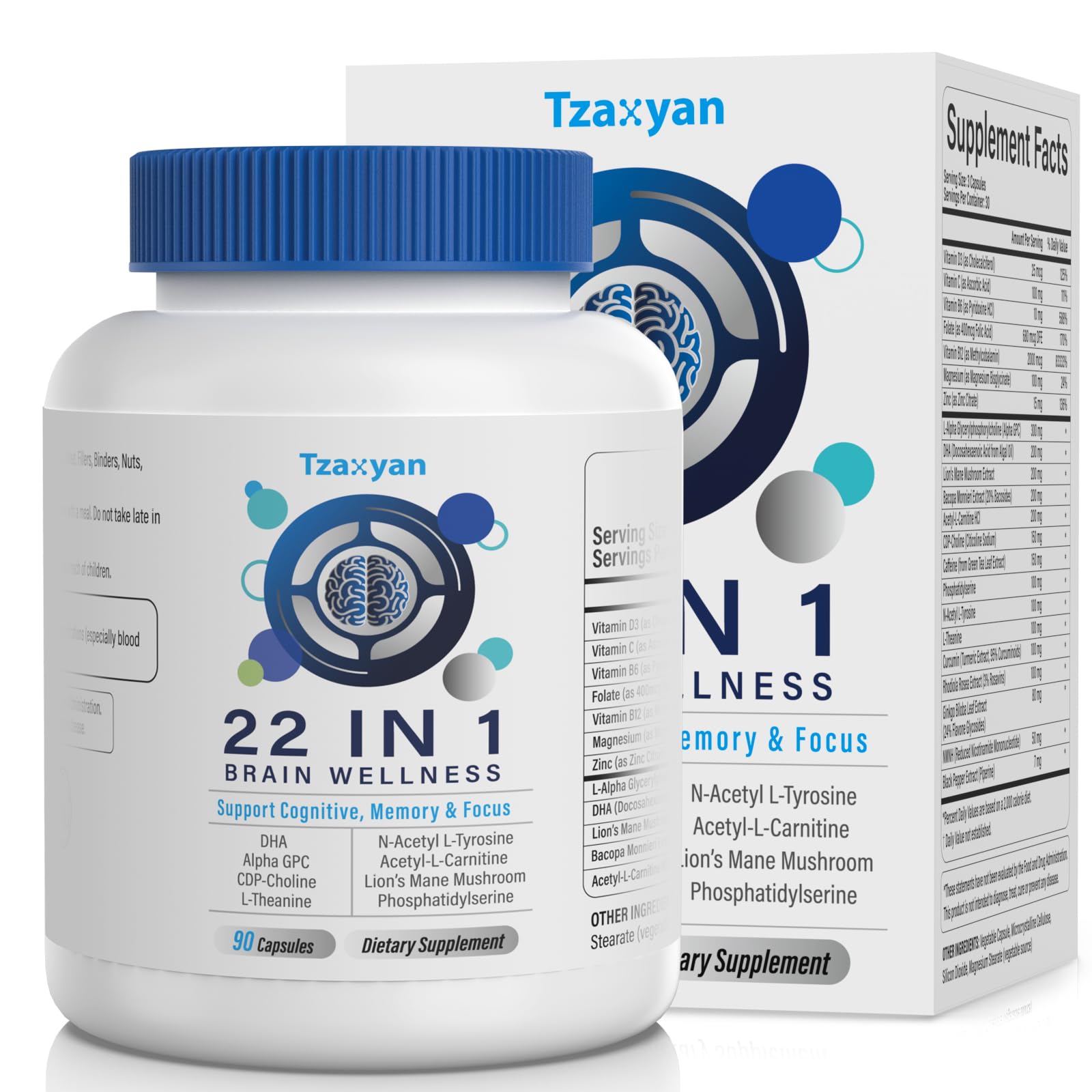 tzaxyan brain supplement memory focus bottle supports daily clarity and concentration.