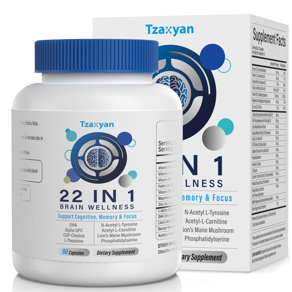 tzaxyan brain supplement memory focus bottle supports daily clarity and concentration.