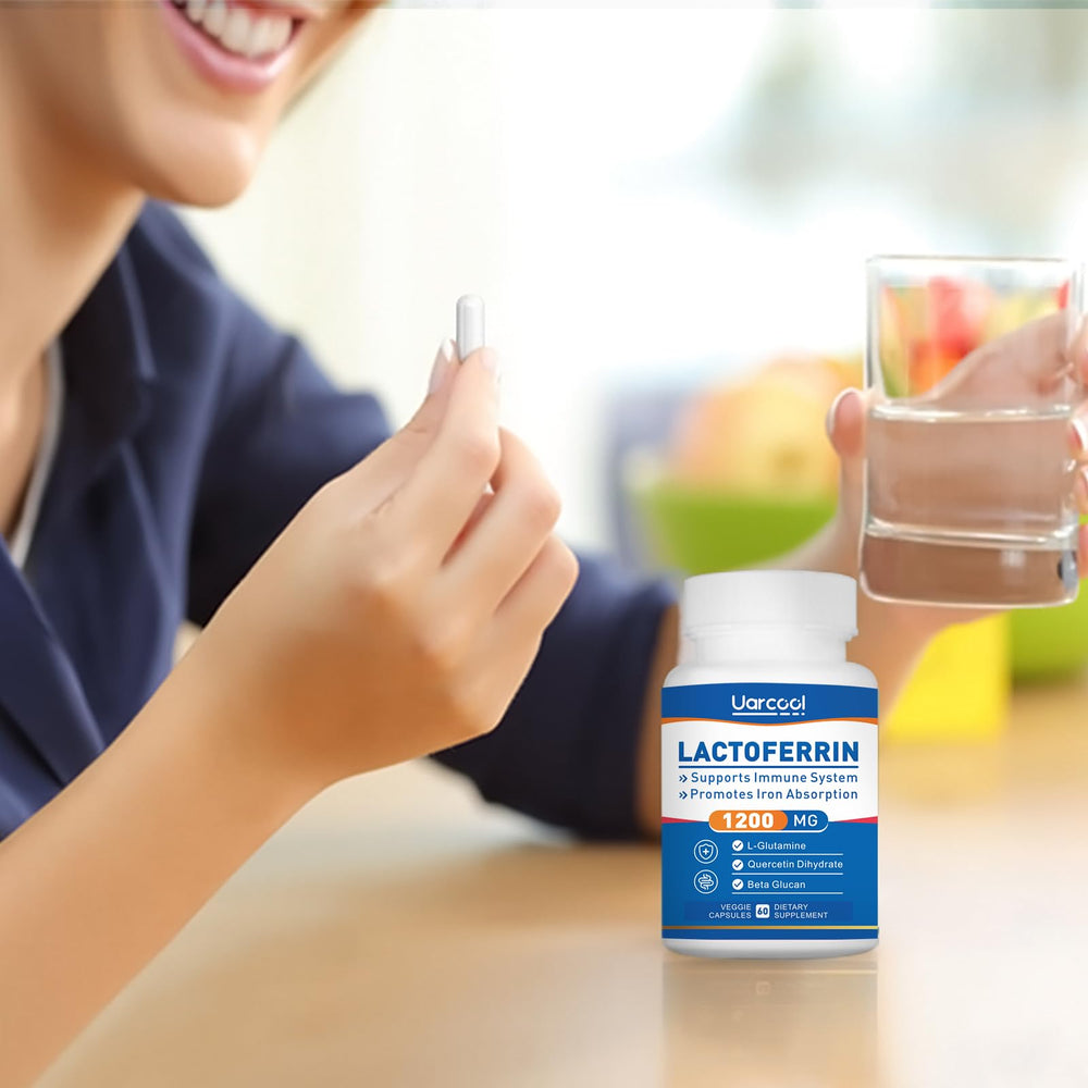 Packaging shot of a 60-softgel Uarcool Lactoferrin bottle for monthly use