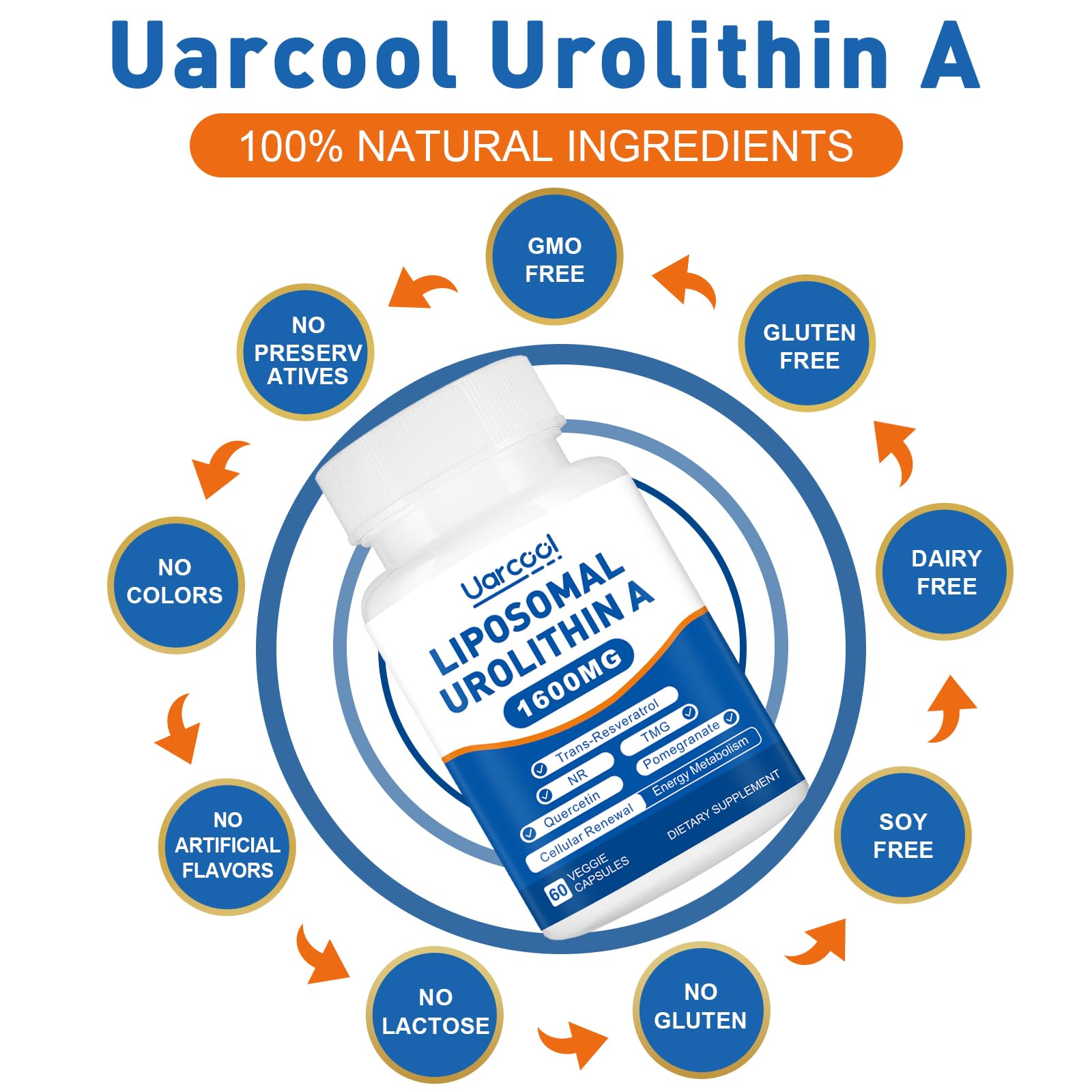 Close-up label of Uarcool Liposomal Urolithin A highlighting purity.