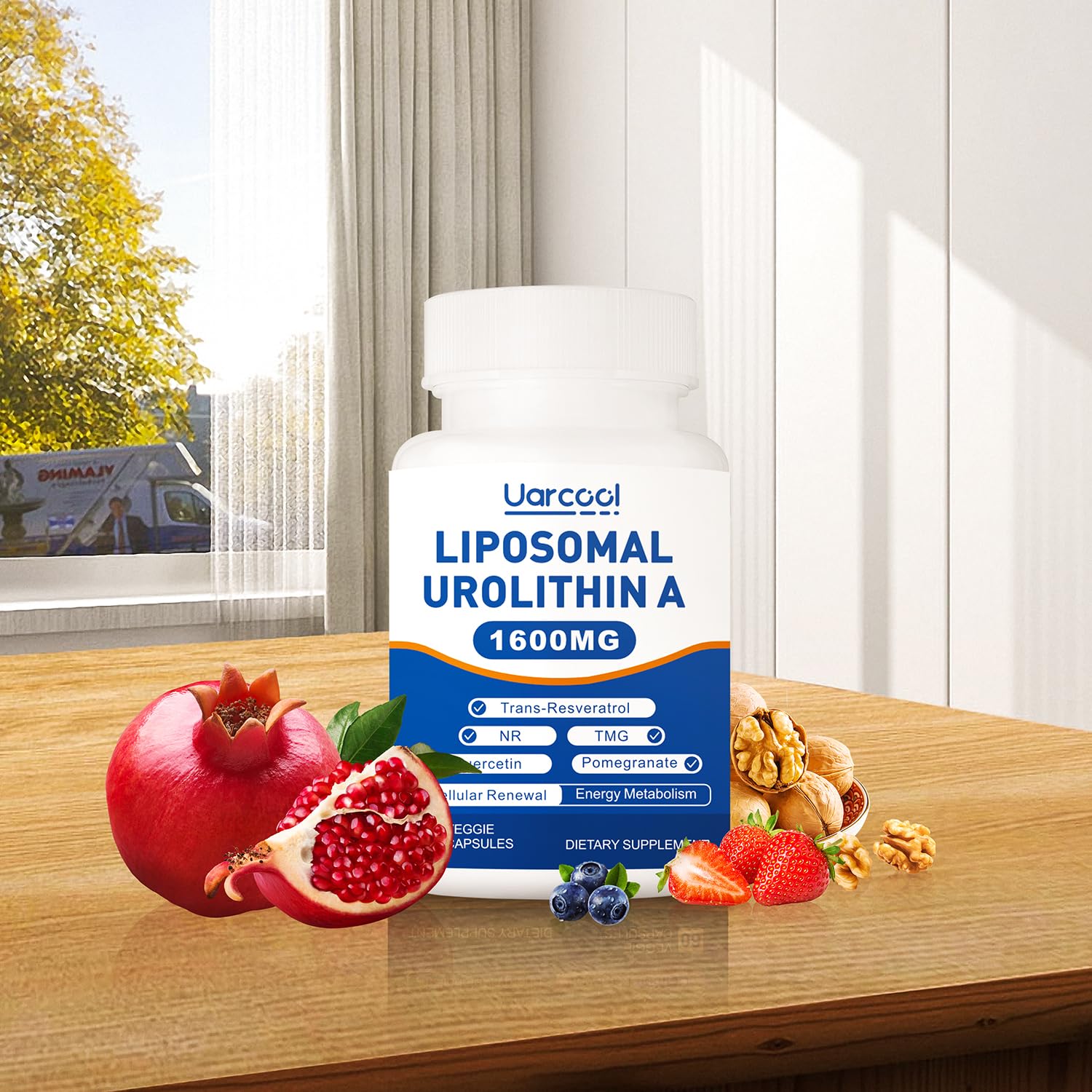 Uarcool Liposomal Urolithin A pictured with workout gear for active use.