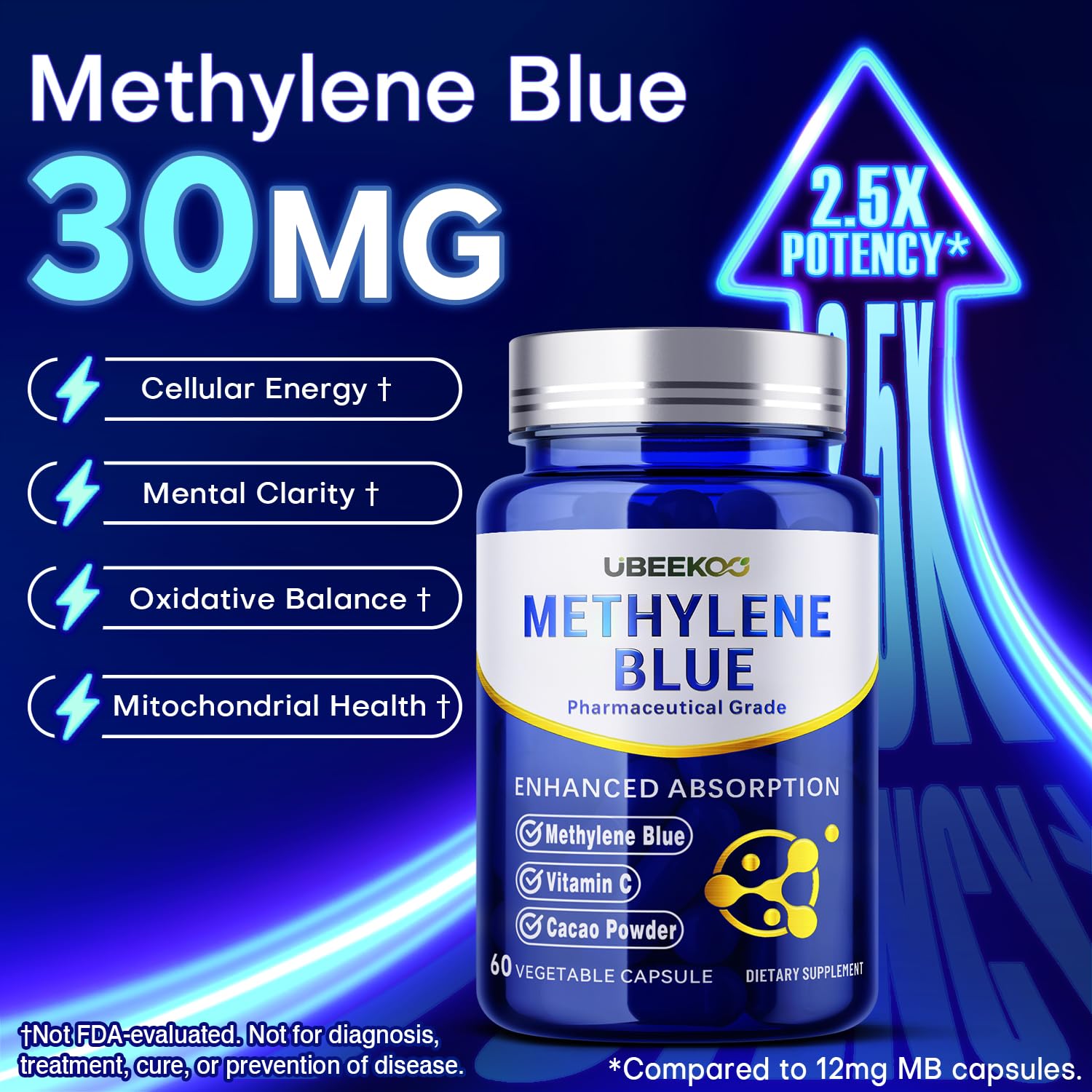 UBEEKOO methylene blue capsules pouring shot shows easy daily dosage.