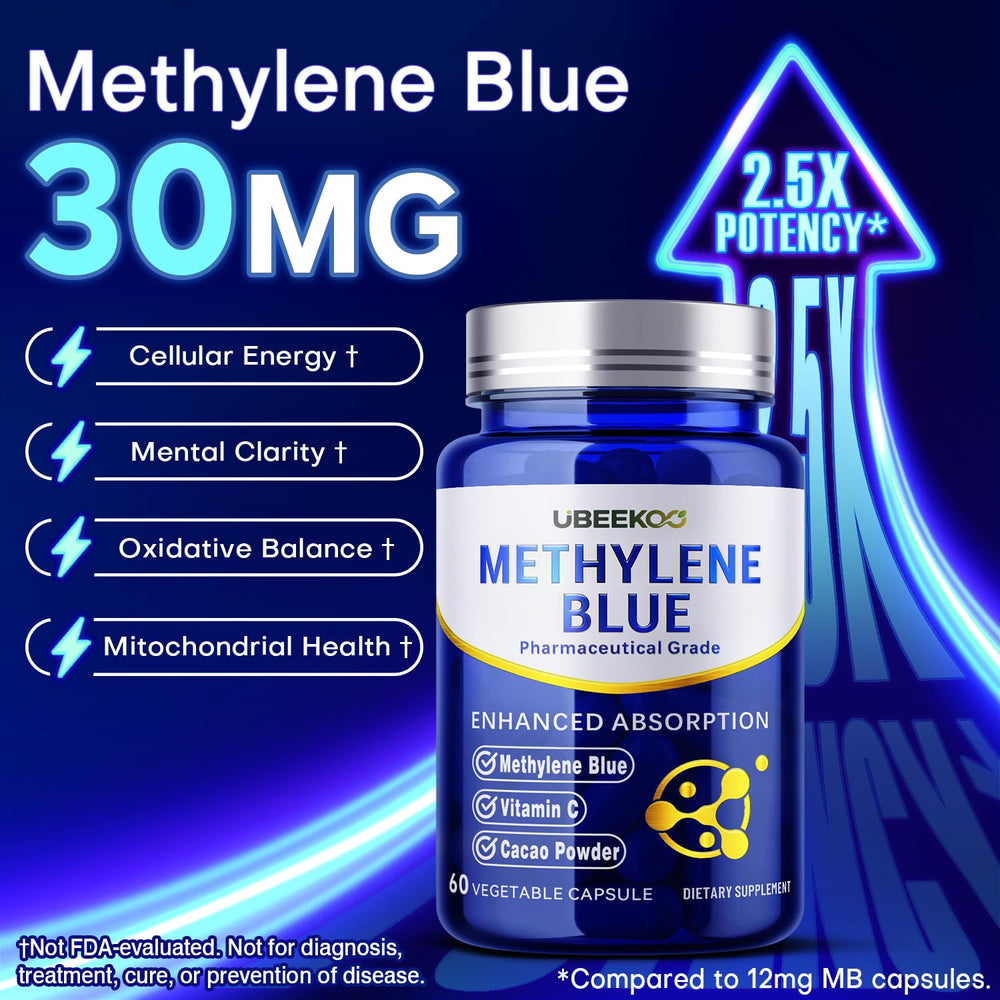 UBEEKOO methylene blue capsules pouring shot shows easy daily dosage.