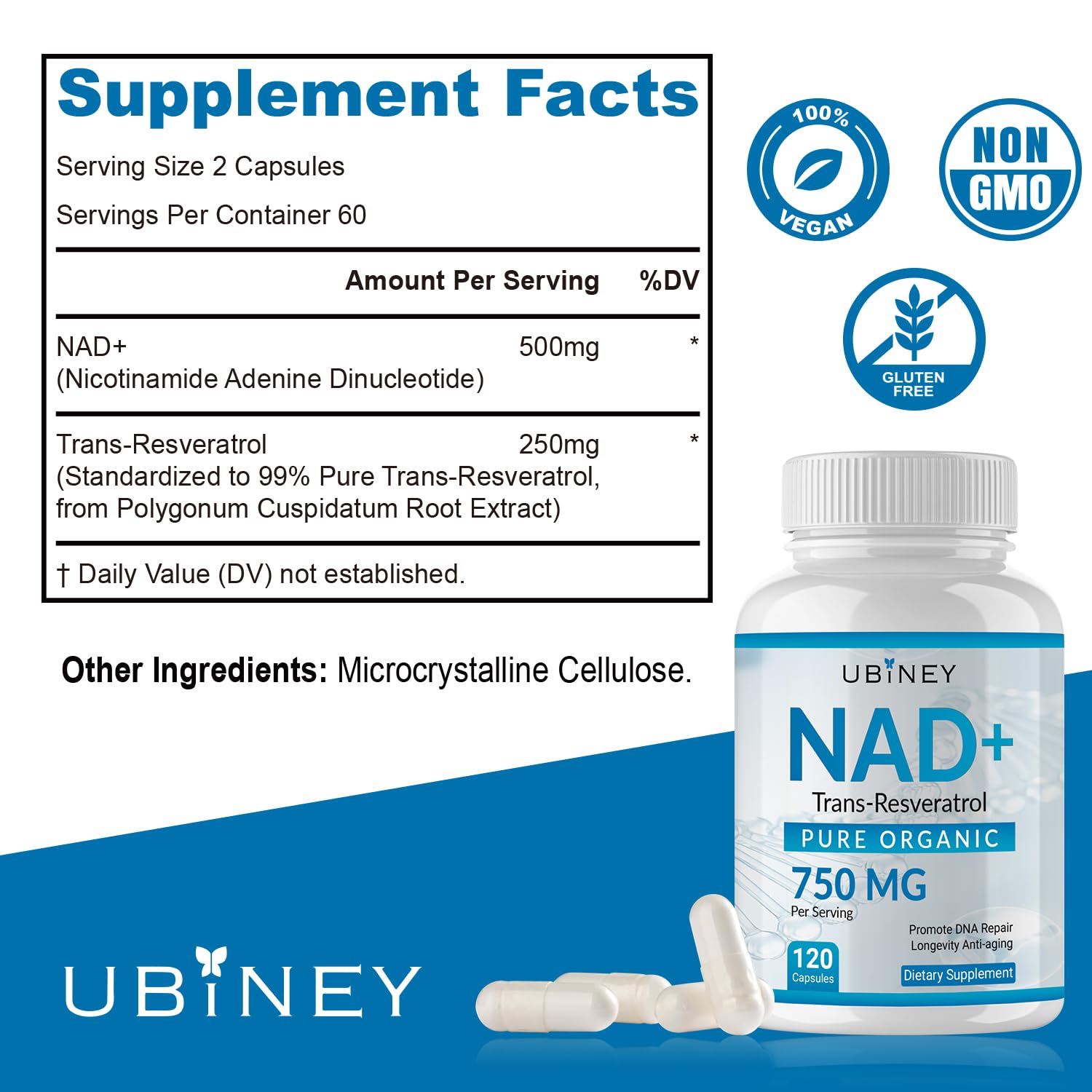 Ubiney NAD+ Trans-Resveratrol bottle label close-up shows vegan, non-GMO formula.