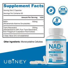 Ubiney NAD+ Trans-Resveratrol bottle label close-up shows vegan, non-GMO formula.