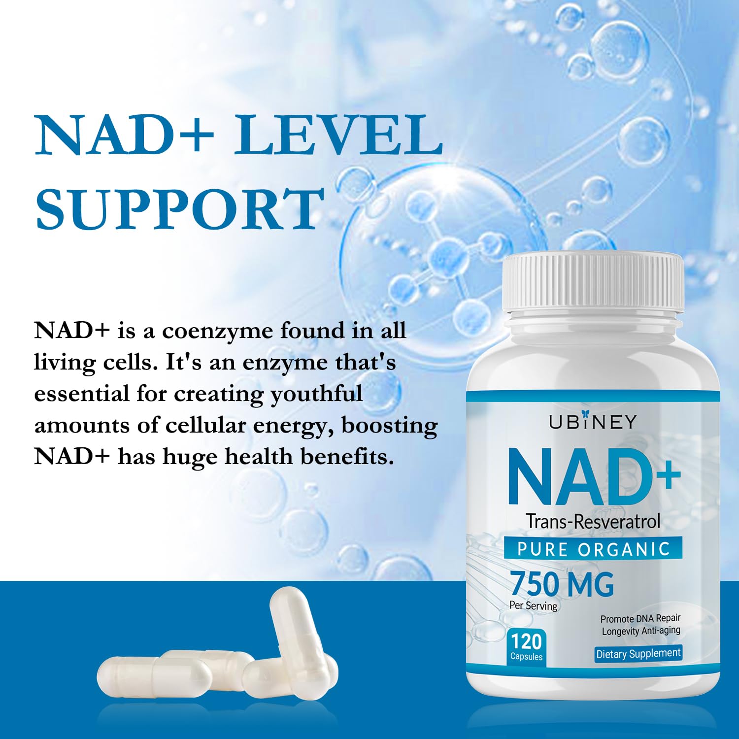Ubiney NAD+ capsules close-up displays smooth vegan capsules and high potency.