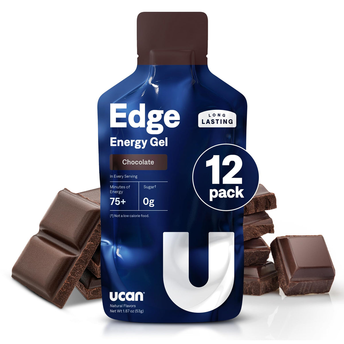 UCAN Edge chocolate gel shot 2-ounce packet for steady energy during runs