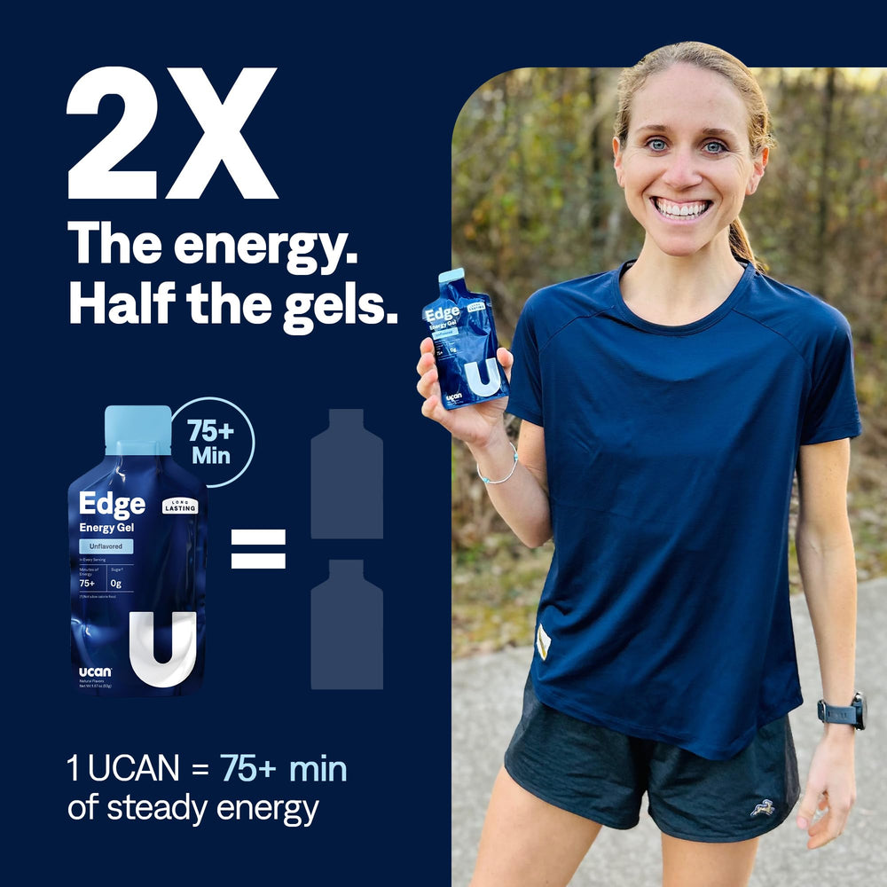 UCAN Edge gel shot being poured for rapid, stable energy during workouts.