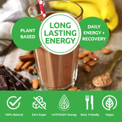 UCAN Energy Plant Protein Powder chocolate scoop beside tub for convenient protein intake