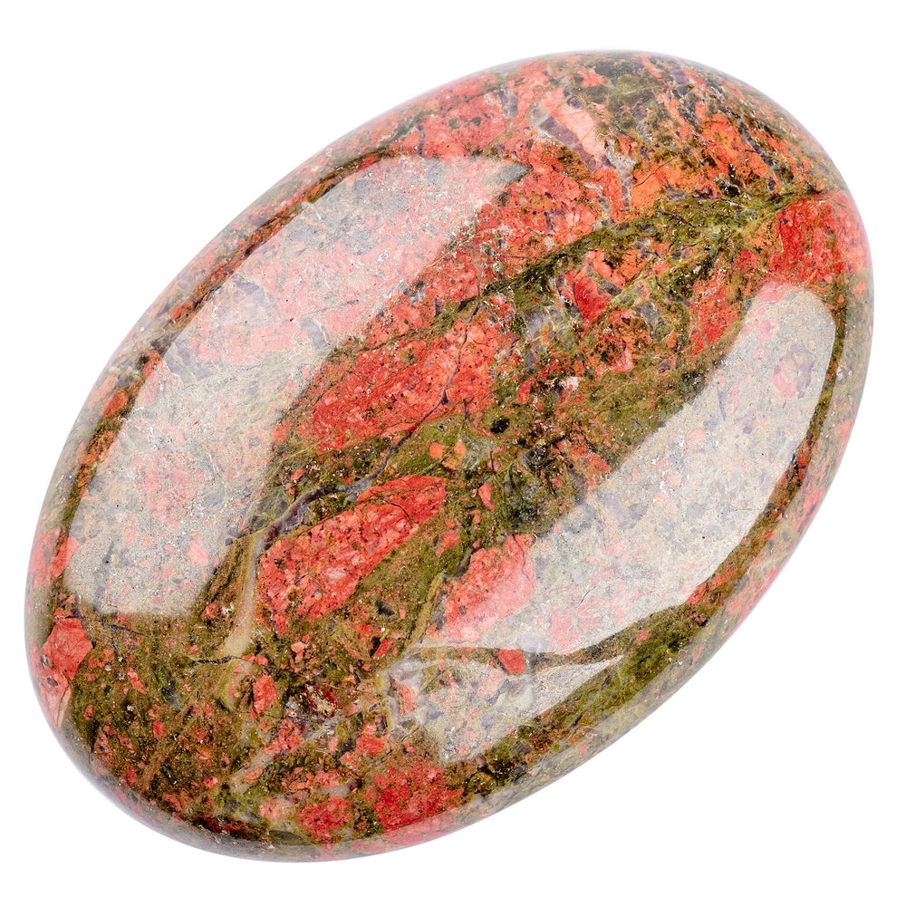 Close up of natural patterns in the UFEEL Unakite palm stone.