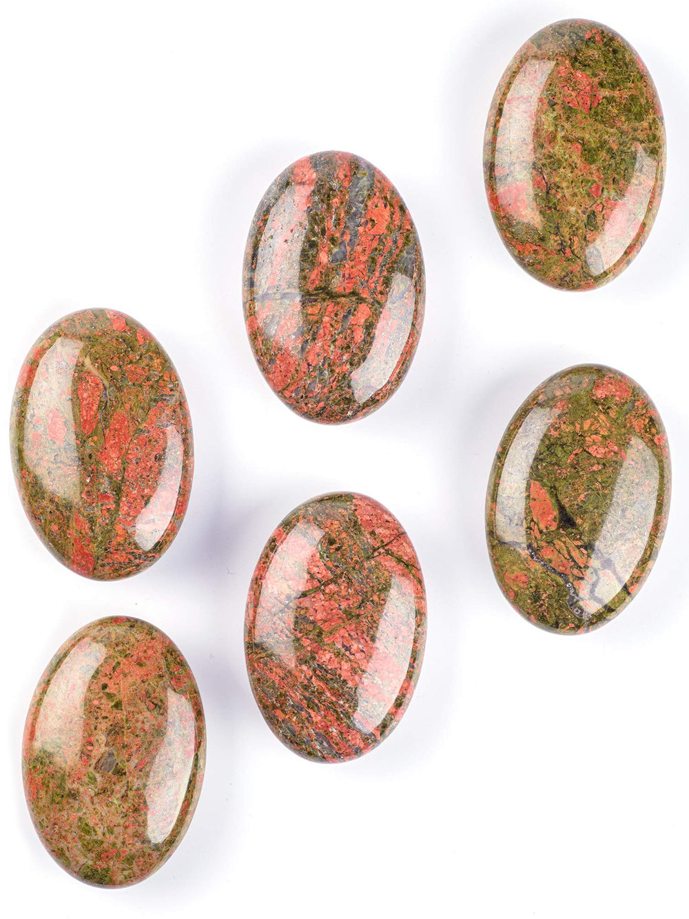 Texture detail of UFEEL Unakite palm stone showing natural variation.