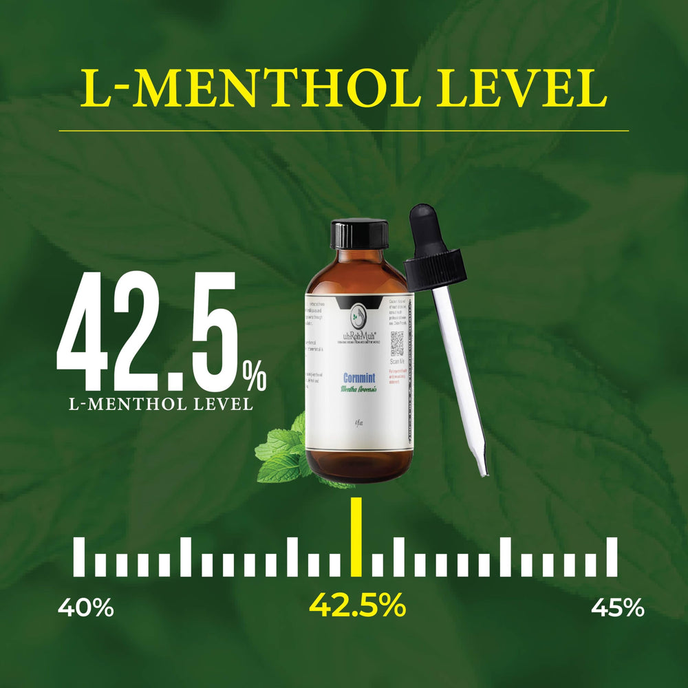 uhrohmuh cornmint essential oil bottle closeup emphasizes pure steam-distilled quality