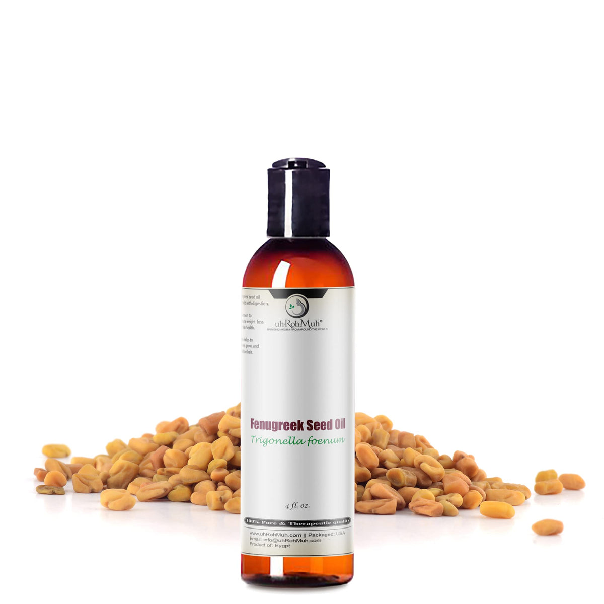 uh*Roh*Muh Egyptian fenugreek oil bottle nourishes hair and supports aromatherapy.