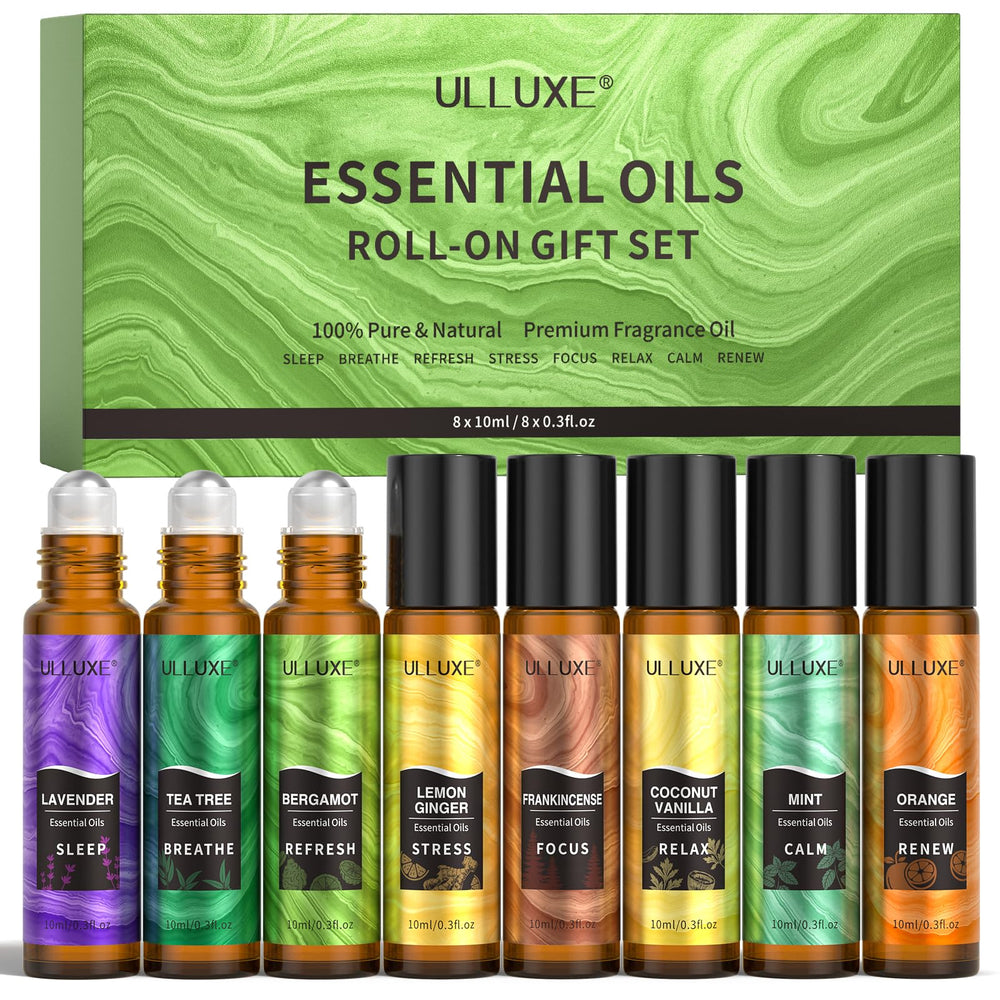 Ulluxe Essential Oils Roll-On 8 Flavors box display for a soothing self-care ritual.