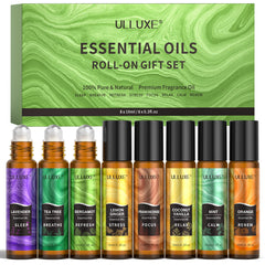 Ulluxe Essential Oils Roll-On 8 Flavors box display for a soothing self-care ritual.