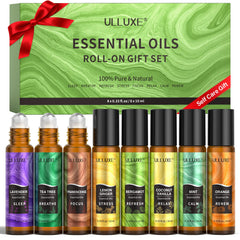Ulluxe essential oils roll-on set bottle close-up showing eight calming blends for daily routines