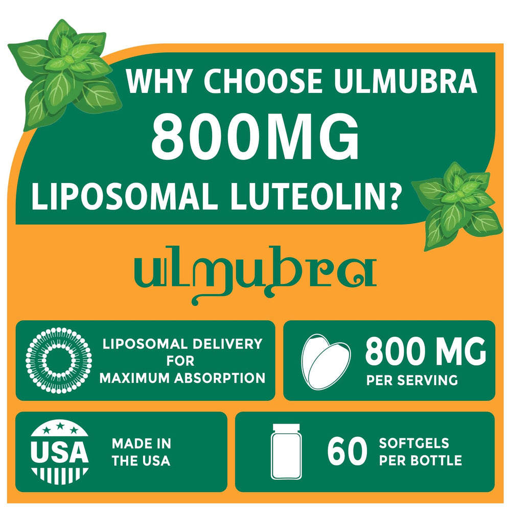 Ulmubra liposomal luteolin softgel label highlights premium quality.