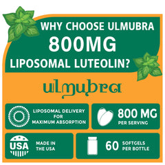 Ulmubra liposomal luteolin softgel label highlights premium quality.