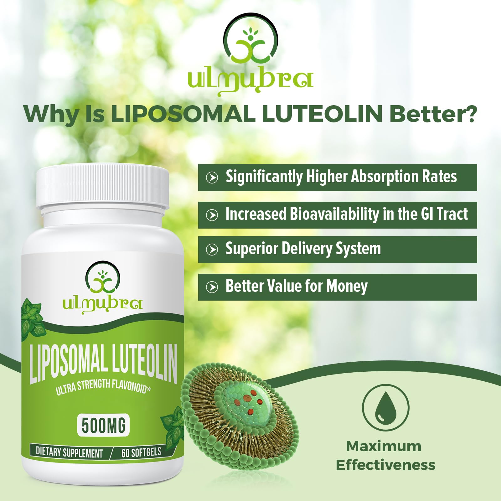 Ulmubra Liposomal Luteolin label close-up confirms non-GMO and gluten-free quality.
