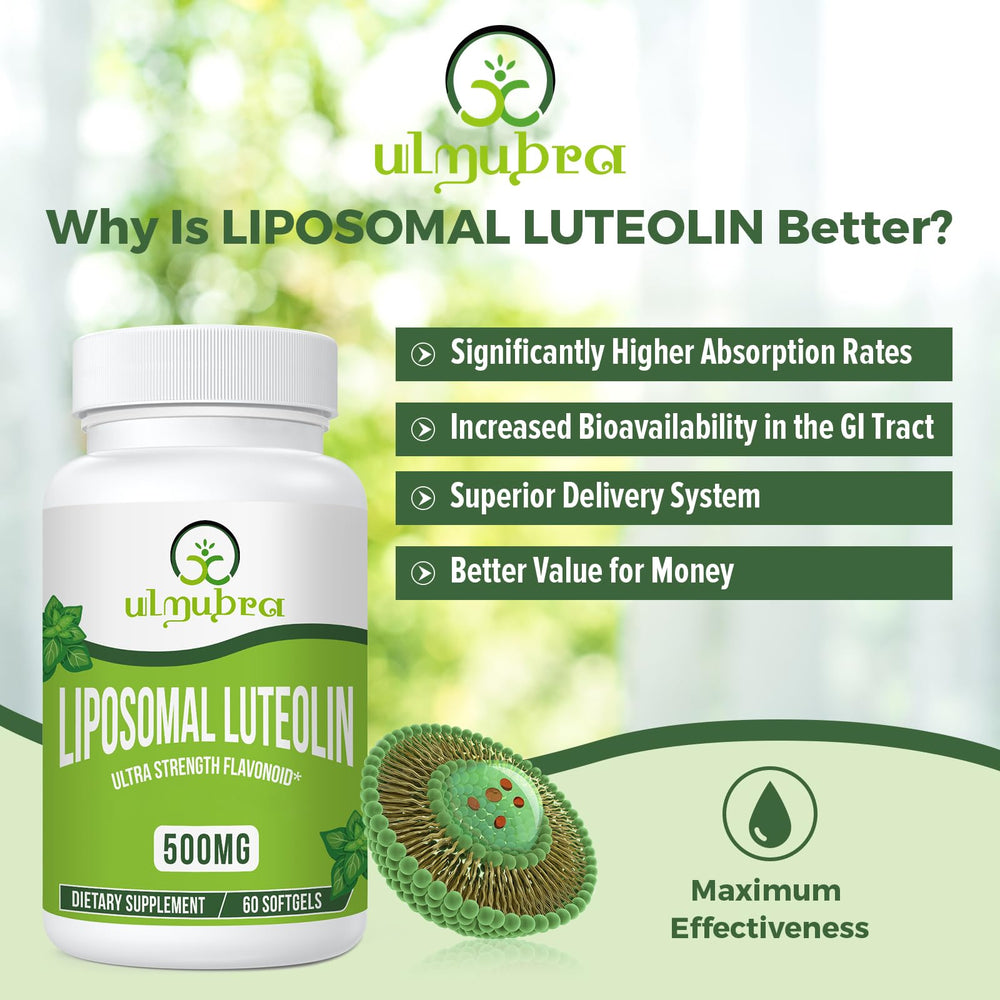 Ulmubra Liposomal Luteolin label close-up confirms non-GMO and gluten-free quality.