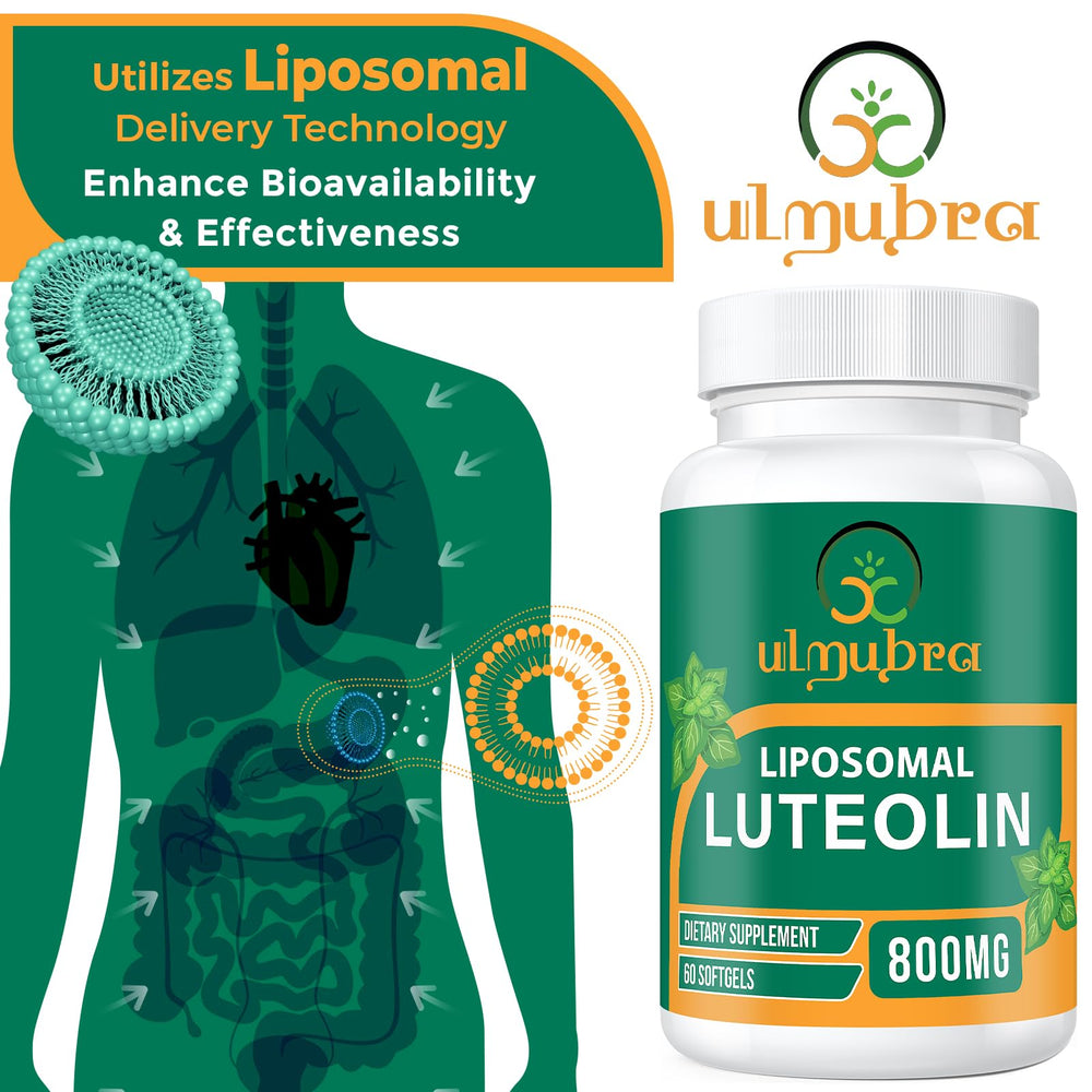 Ulmubra liposomal luteolin capsules designed for enhanced absorption.