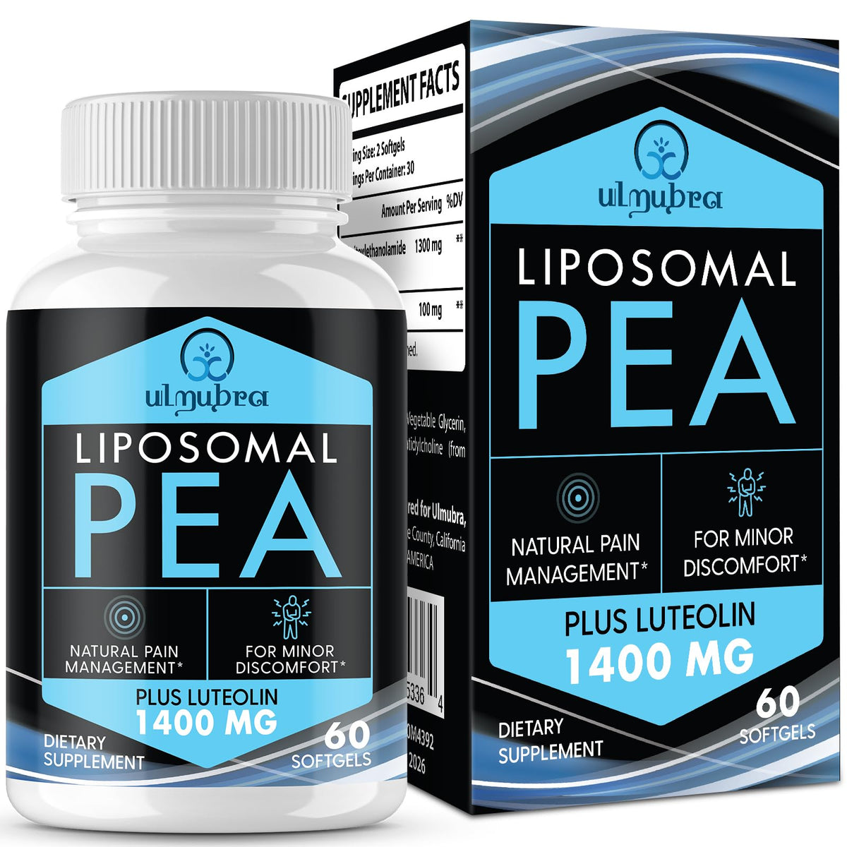 Ulmubra Liposomal PEA bottle front showing premium absorption for daily comfort.