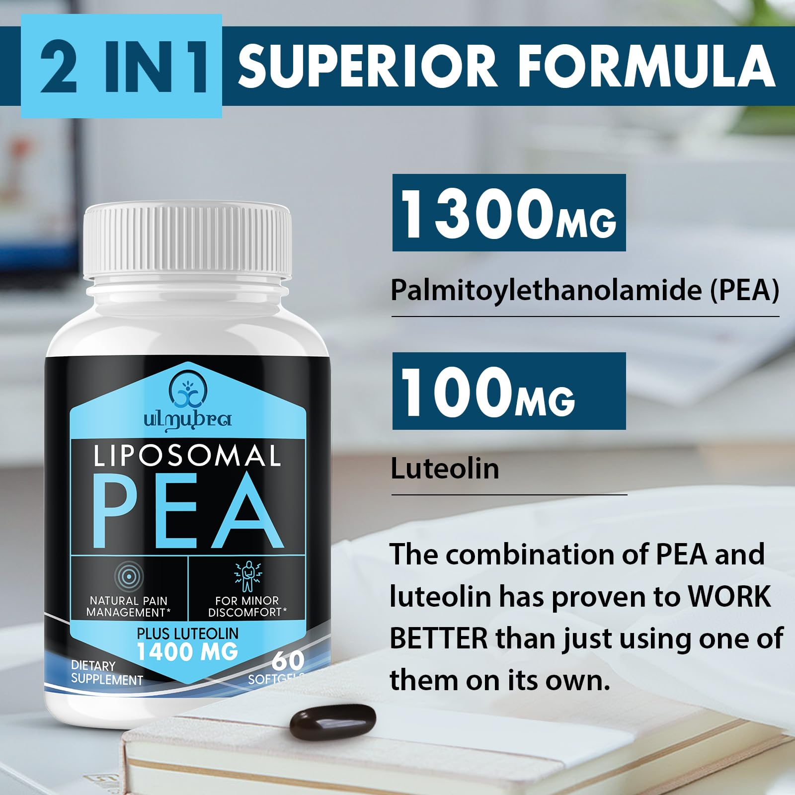 Ulmubra Liposomal PEA bottle back label with ingredients and dosage clarity.