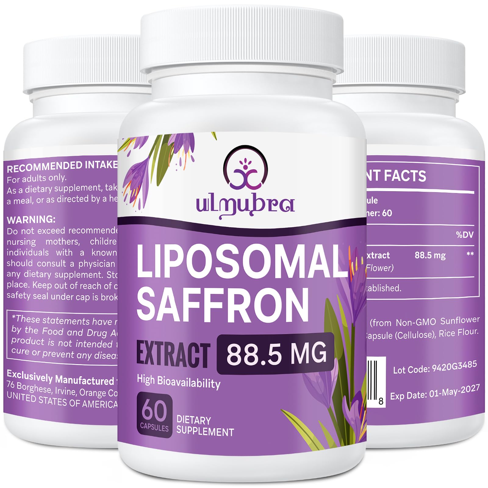 Cápsulas Ulmubra de azafrán liposomal en envase, fácil de incorporar a la rutina diaria.