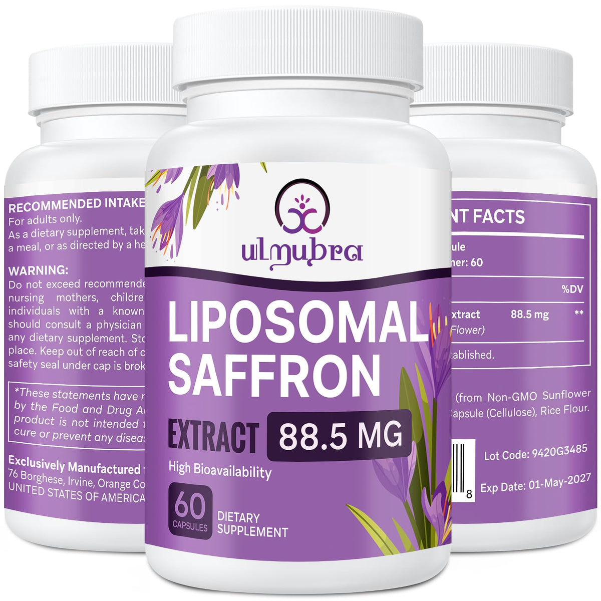 Cápsulas Ulmubra de azafrán liposomal en envase, fácil de incorporar a la rutina diaria.