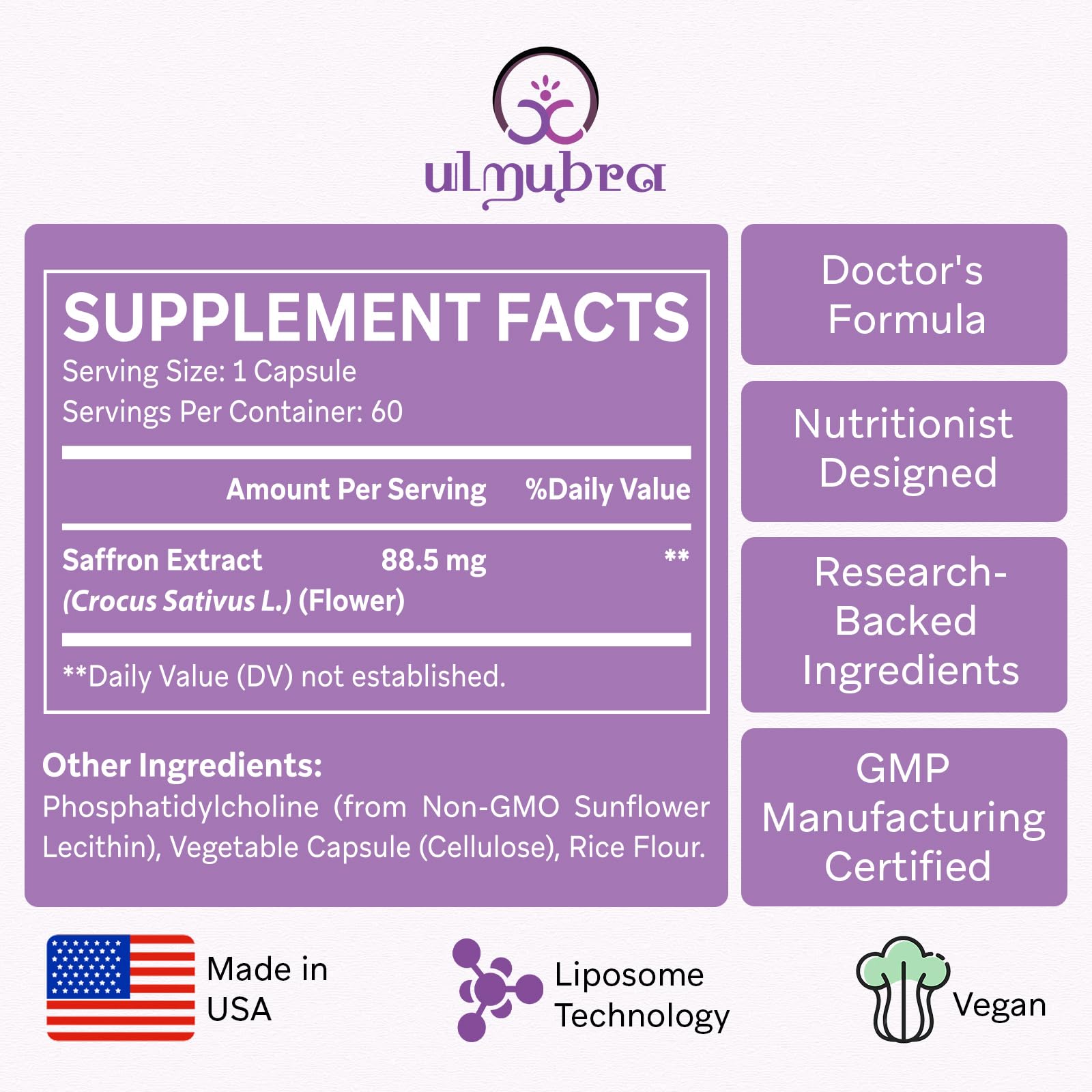 Ingredientes Ulmubra sin alérgenos comunes apto vegan.