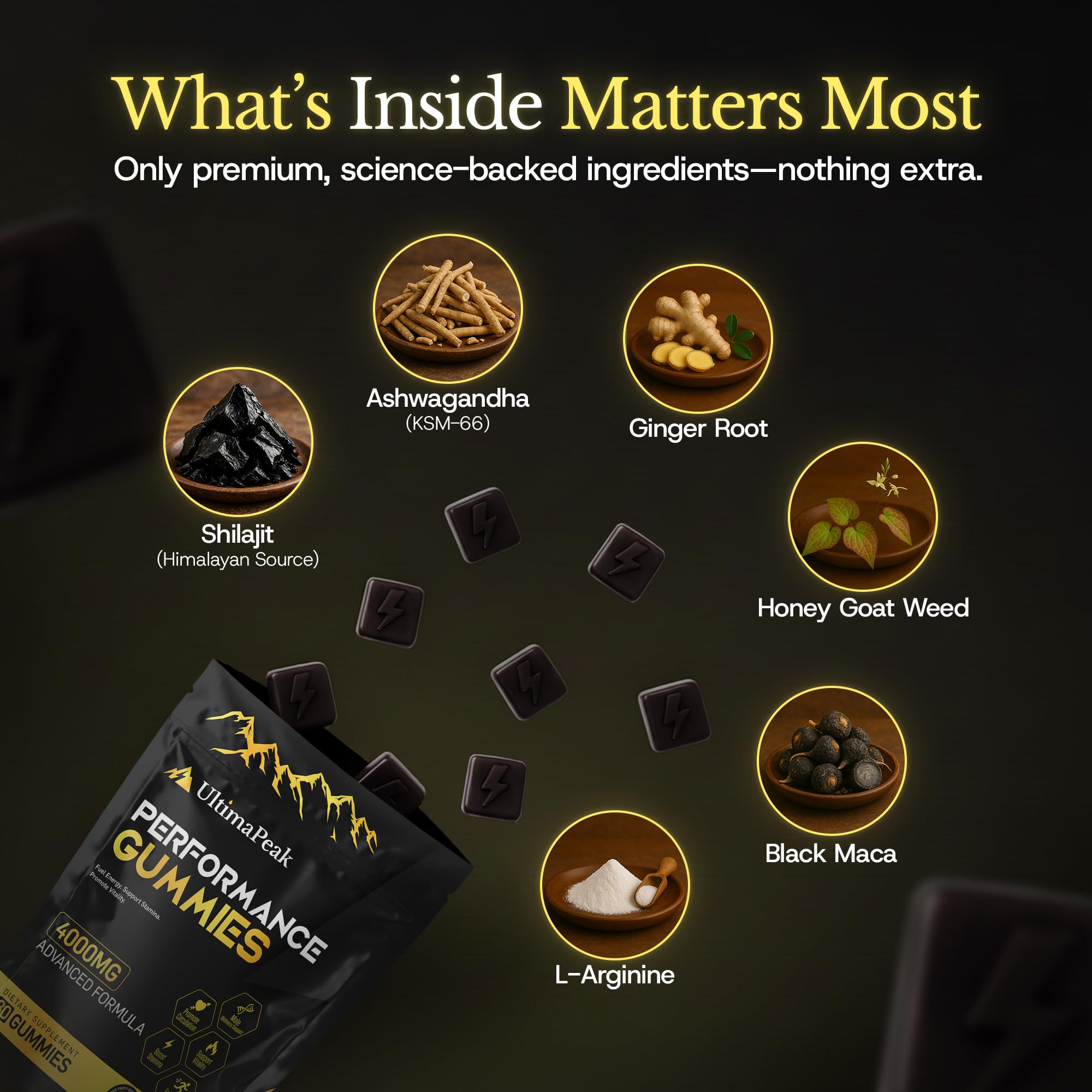 Ultima Peak Shilajit Gold Gummies one gummy view for convenient dosing.