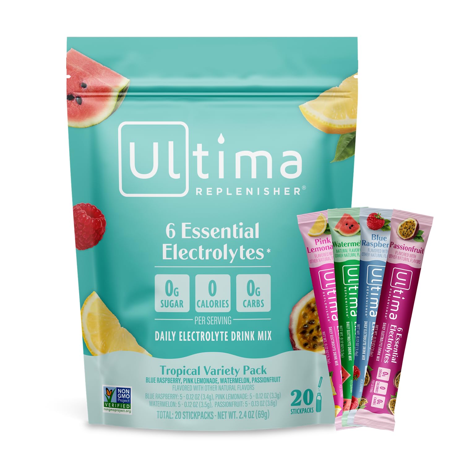 Ultima Replenisher blue raspberry packet for on-the-go hydration with 6 electrolytes.