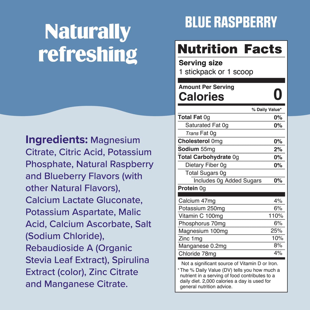 Ultima Replenisher blue raspberry powder being scooped for tasty hydration.