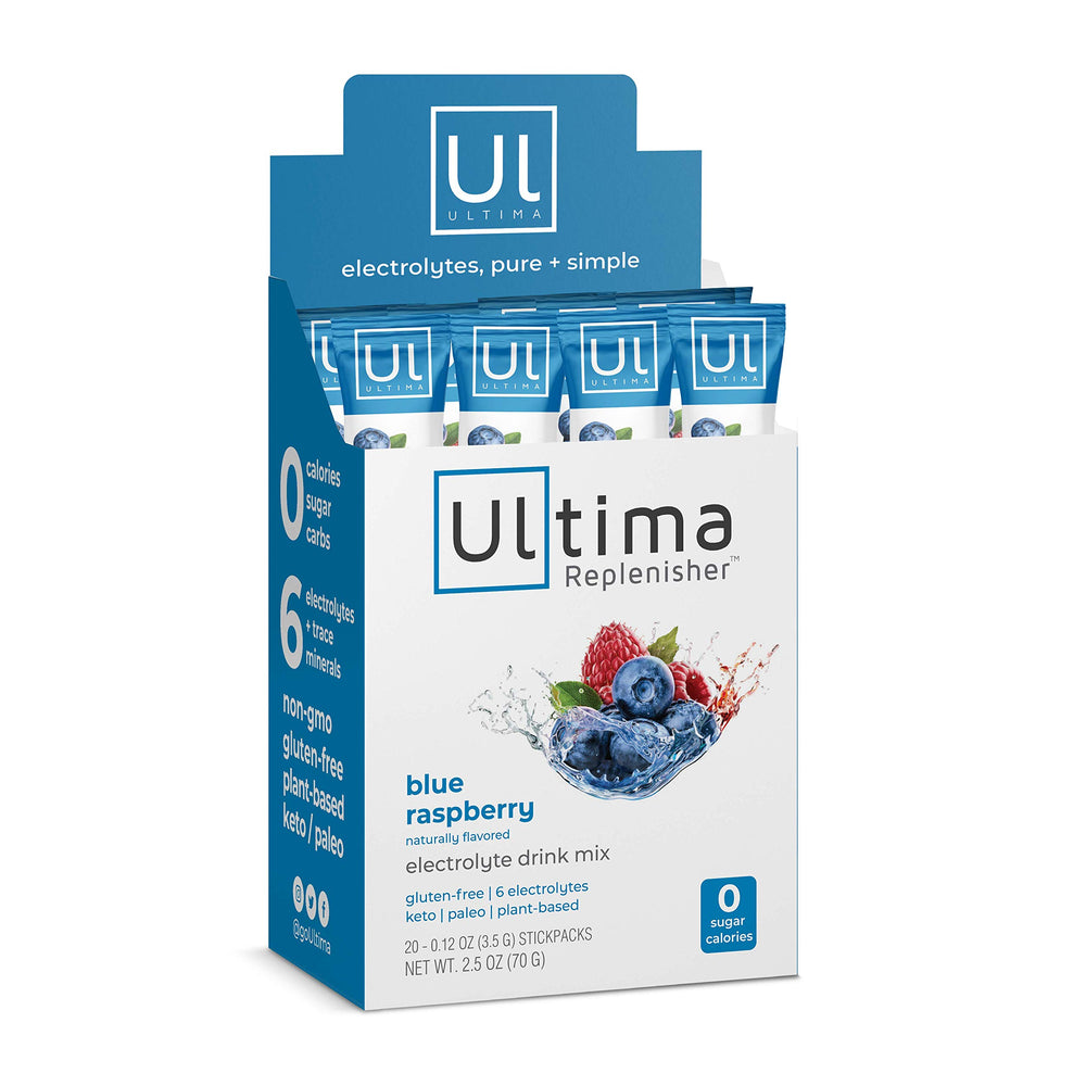 Ultima Replenisher blue raspberry stickpack box for on-the-go hydration