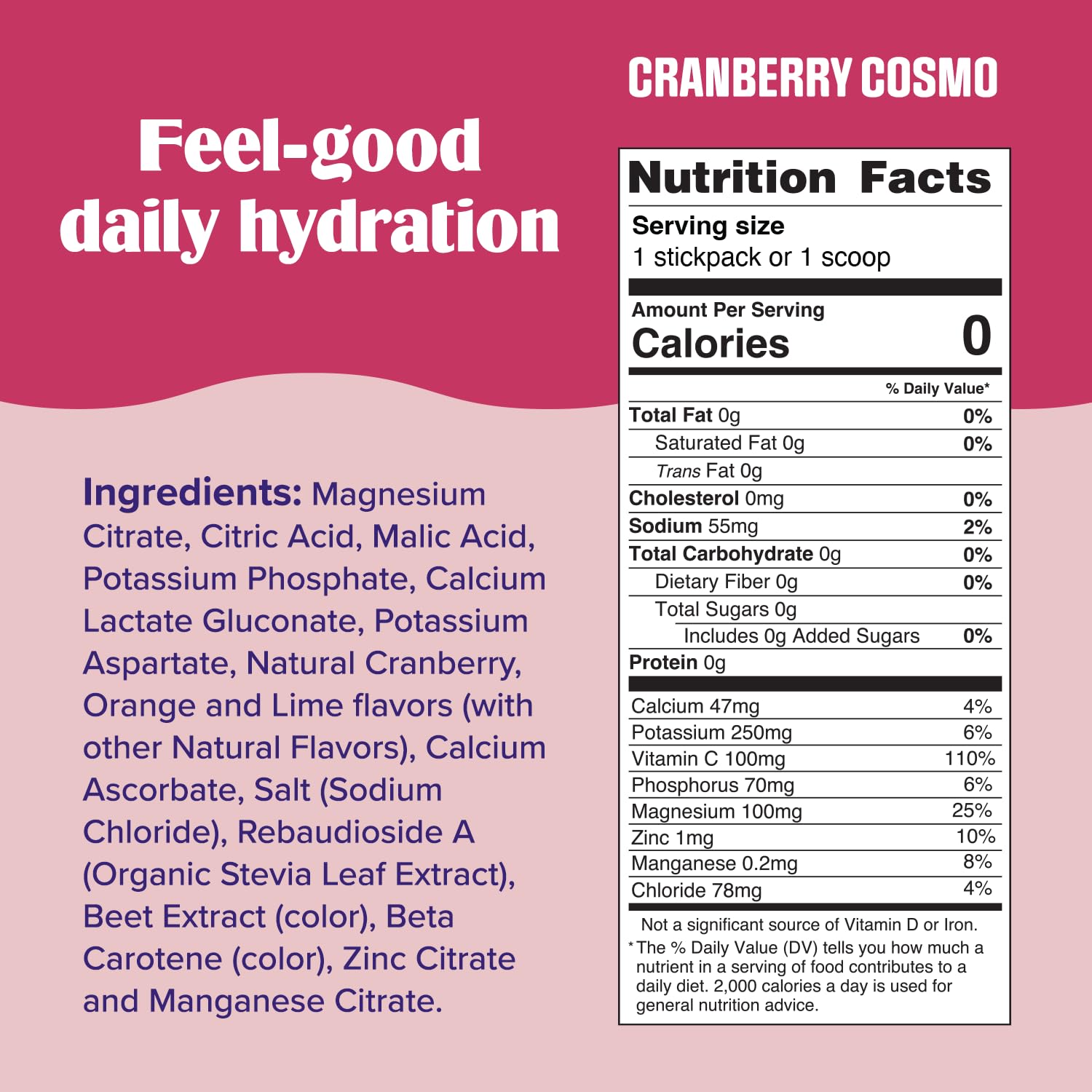 Ultima Replenisher Cranberry Cosmo glass pour showing a sugar-free electrolyte refreshment