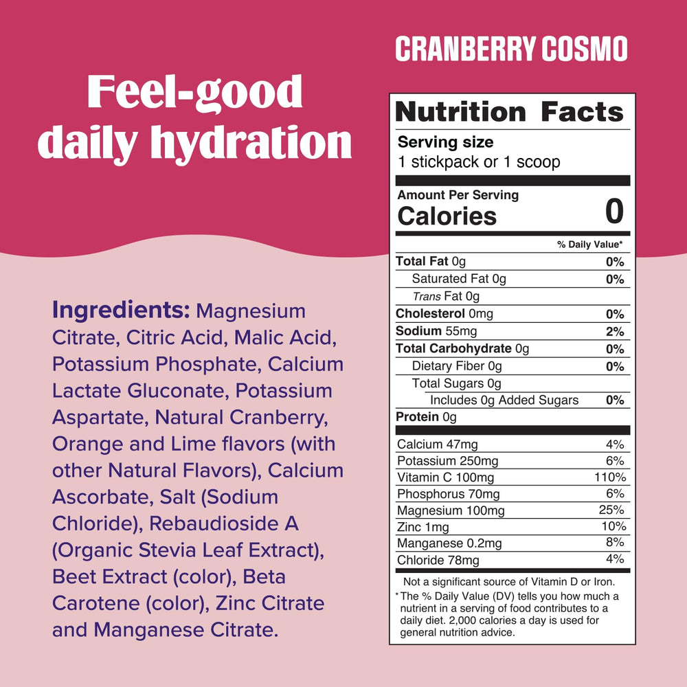 Ultima Replenisher Cranberry Cosmo glass pour showing a sugar-free electrolyte refreshment