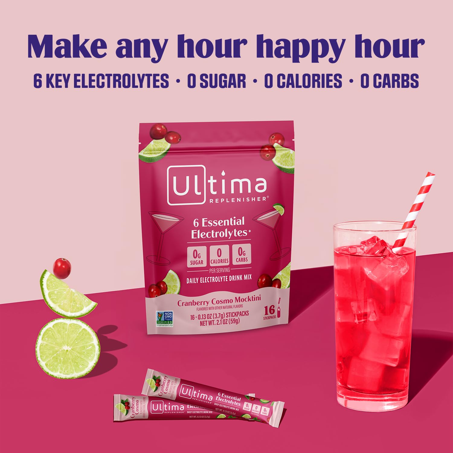 Ultima Replenisher Cranberry Cosmo ingredients scene highlighting six electrolytes and vitamin C