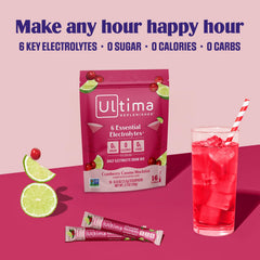 Ultima Replenisher Cranberry Cosmo ingredients scene highlighting six electrolytes and vitamin C