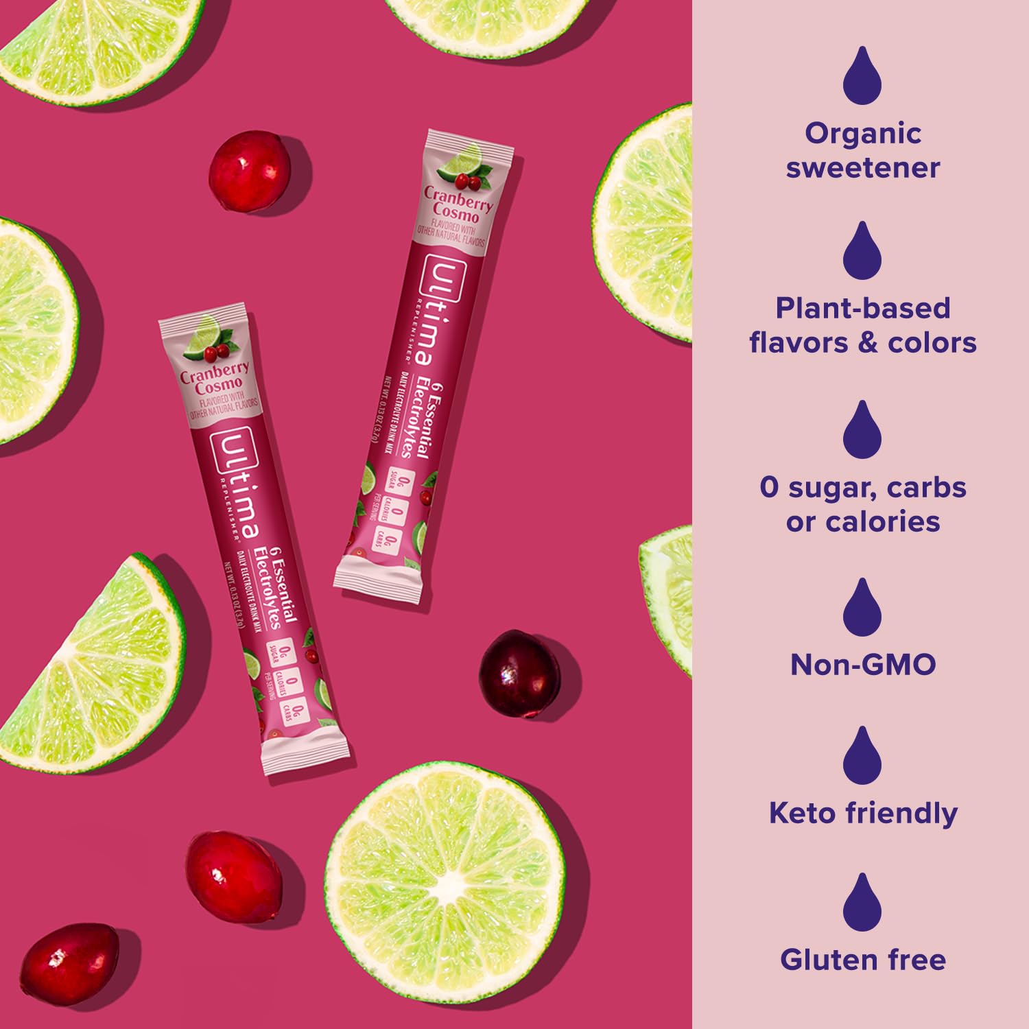 Ultima Replenisher Cranberry Cosmo packaging emphasizing gluten-free and Non-GMO formulation