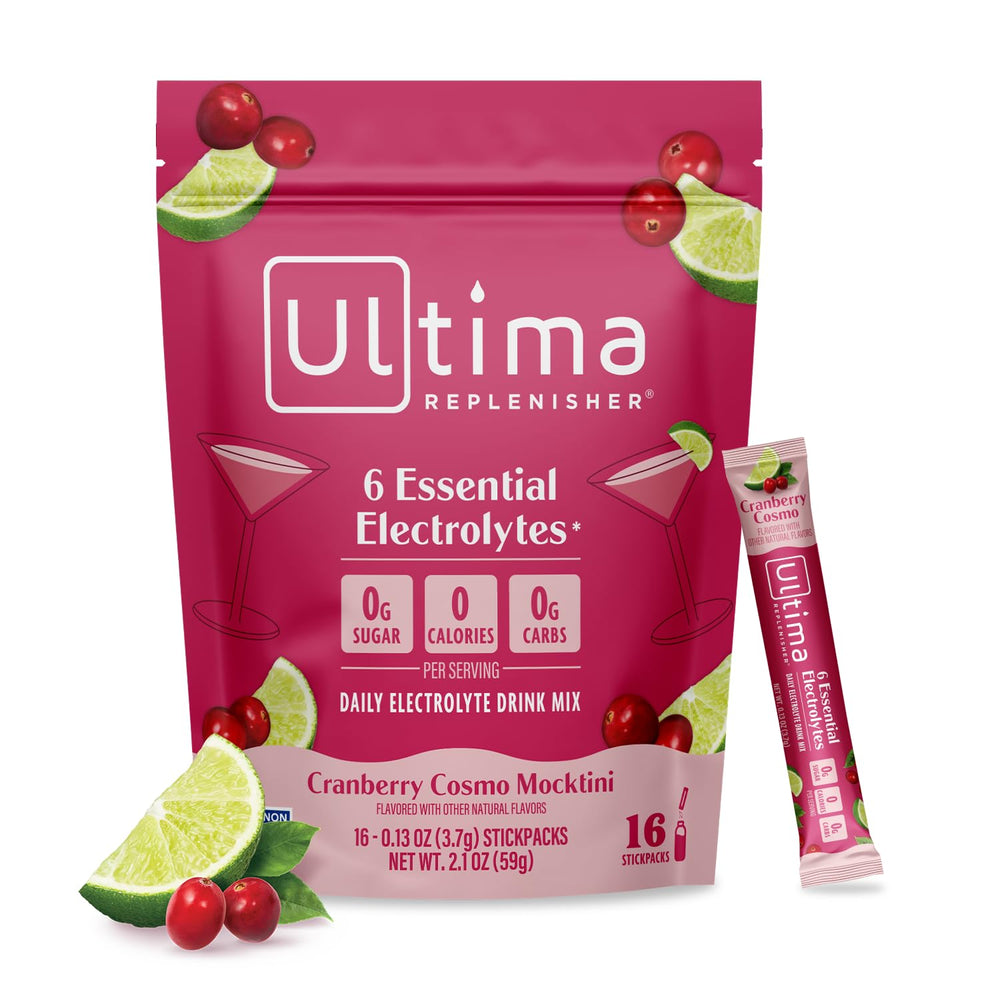 Ultima Replenisher Cranberry Cosmo stickpack for on-the-go hydration with six electrolytes