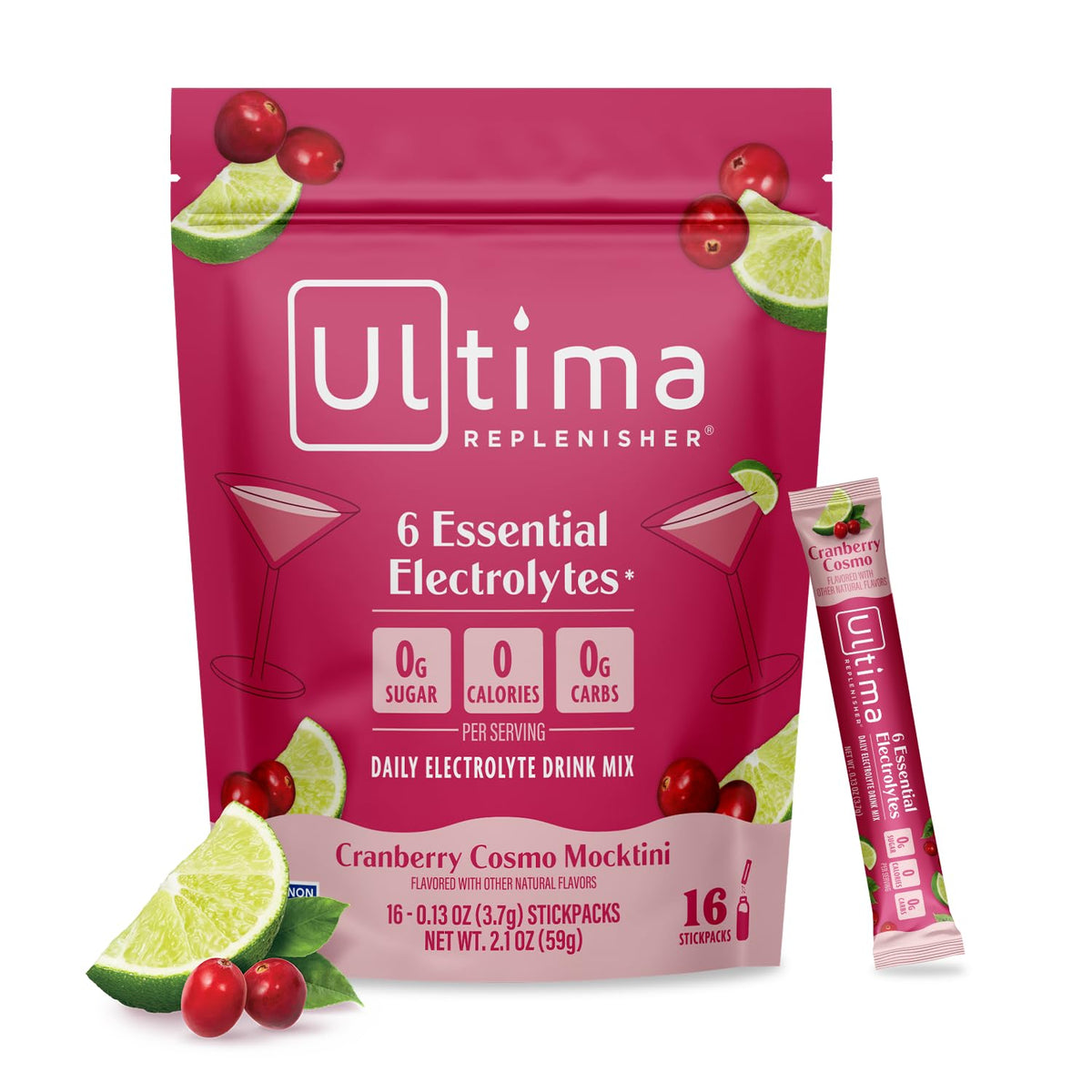 Ultima Replenisher Cranberry Cosmo stickpack for on-the-go hydration with six electrolytes