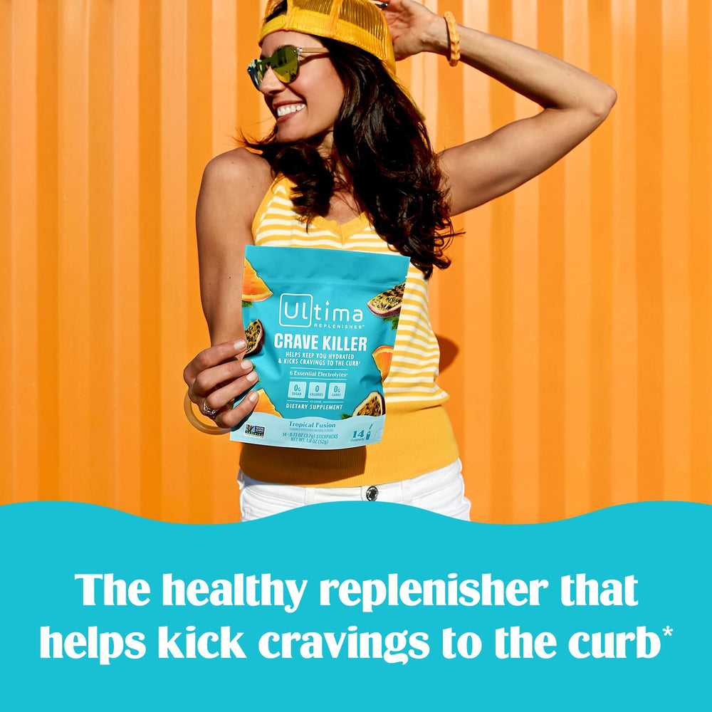 Ultima Replenisher Crave Killer dissolving in water to boost hydration without sugar