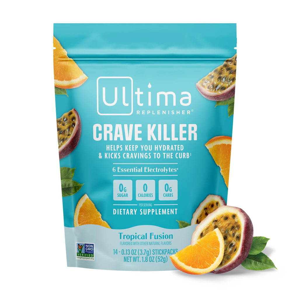 Ultima Replenisher Crave Killer Tropical Fusion pack shown for convenient hydration on the go
